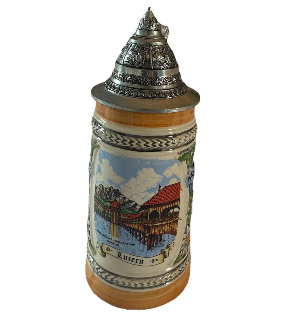 Vintage "Luzern" Switzerland Pewter Lid Hand Painted Beer Mini Stein Gerz